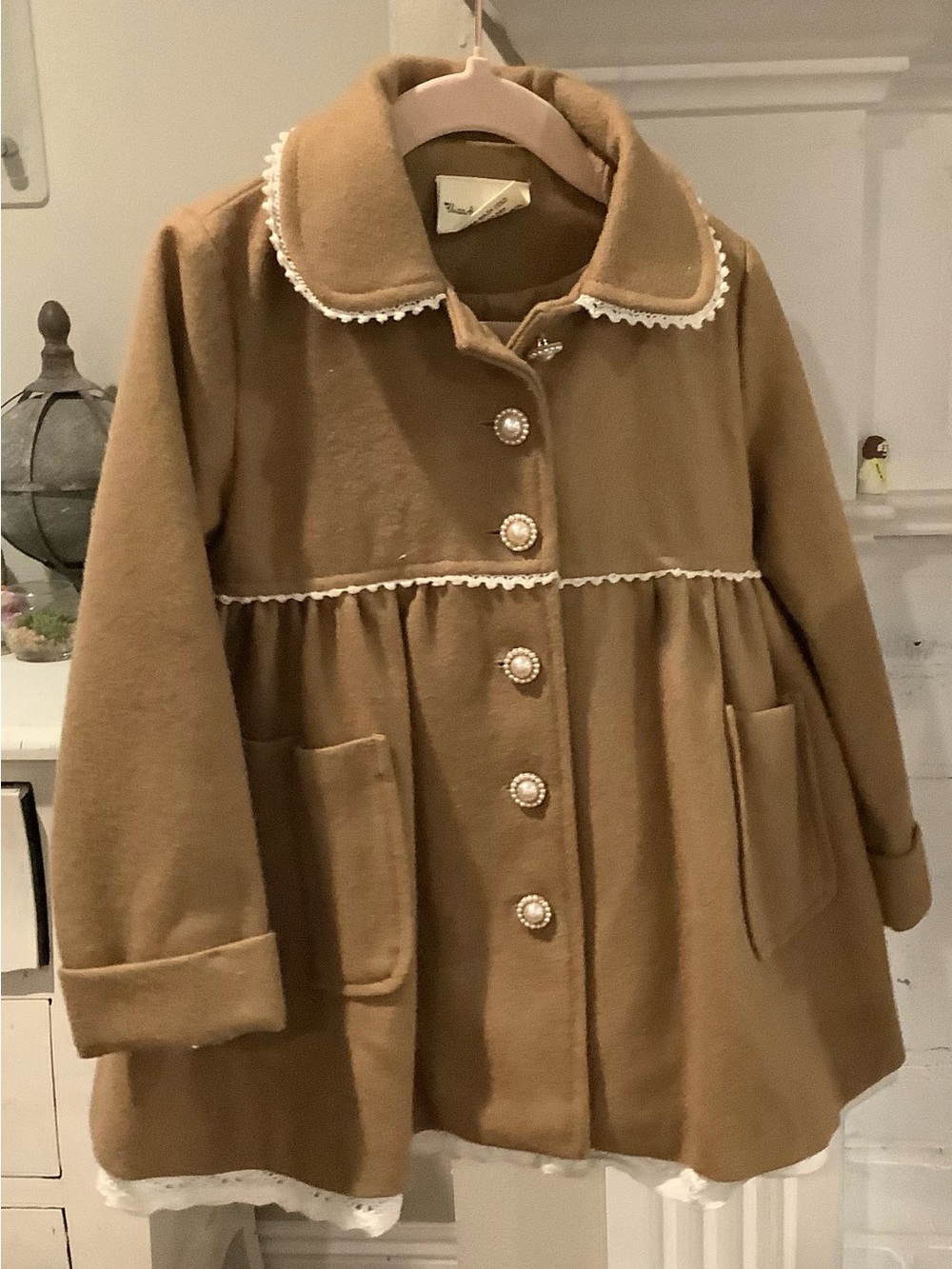 Eliza J Girls' Camel Peacoat with Pearl Buttons and Lace Trim - Picture 4 of 4